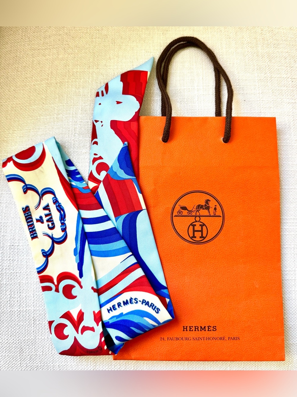HERMES Brides de Gala Shadow Twilly Silk Scarf Blue Red Cream 33” w/ Bag
